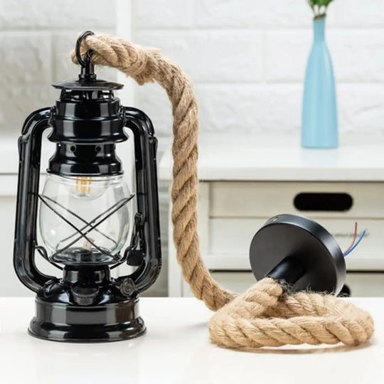 Transparent Glass Nautical Bedside Pendant Lantern Ceiling Lamp With Hemp Rope Black