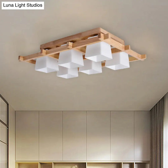 Trapezoid Glass Flush Light: Japanese 4/6-Bulb Ceiling Fixture With Wood Grid Frame 6 / White