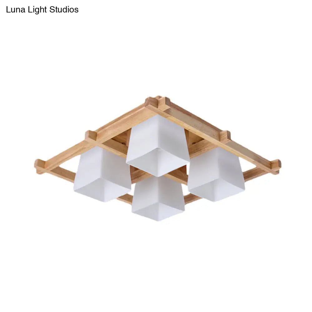 Trapezoid Glass Flush Light: Japanese 4/6-Bulb Ceiling Fixture With Wood Grid Frame