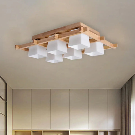 Trapezoid Glass Flush Light: Japanese 4/6-Bulb Ceiling Fixture With Wood Grid Frame 6 / White