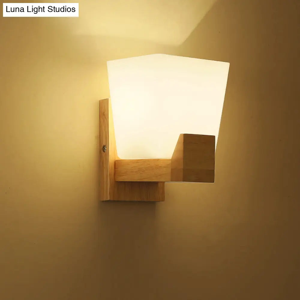 Trapezoid Glass Wall Sconce Light With Wood Backplate - White Bedside Mount