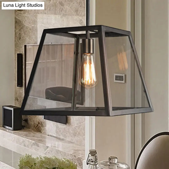 Trapezoid Pendant Light - Traditional 1-Light Suspension Lamp In Black Metal And Glass