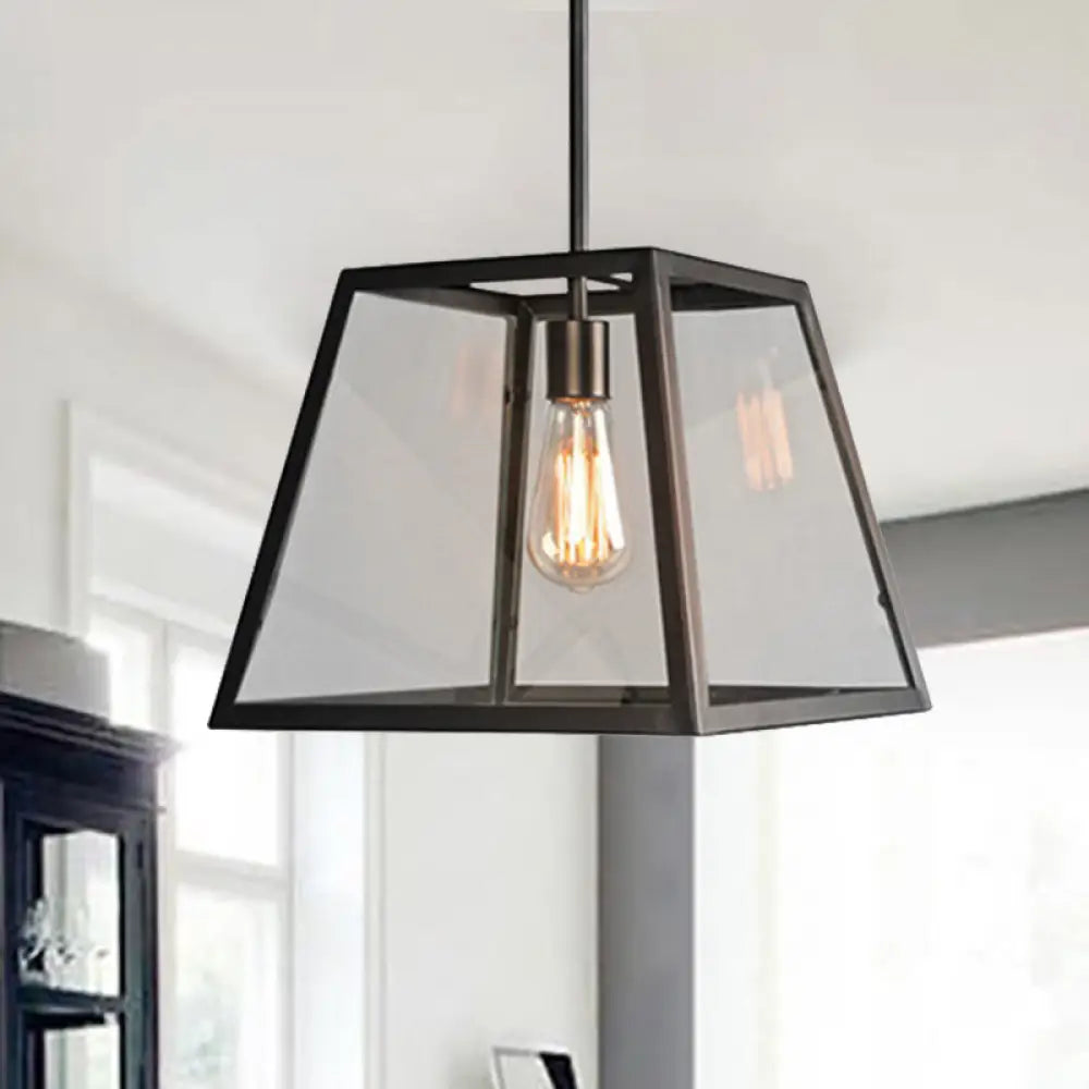 Trapezoid Pendant Light - Traditional 1-Light Suspension Lamp In Black Metal And Glass