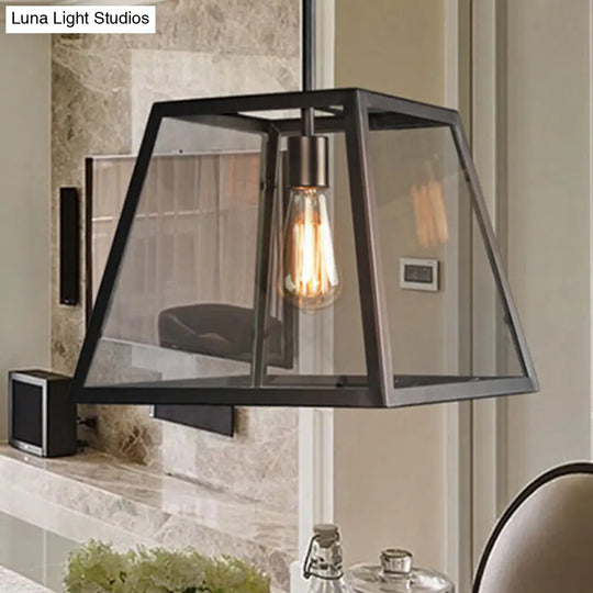 Black Metal And Glass Trapezoid Pendant Light - Traditional Dining Table Suspension Lamp