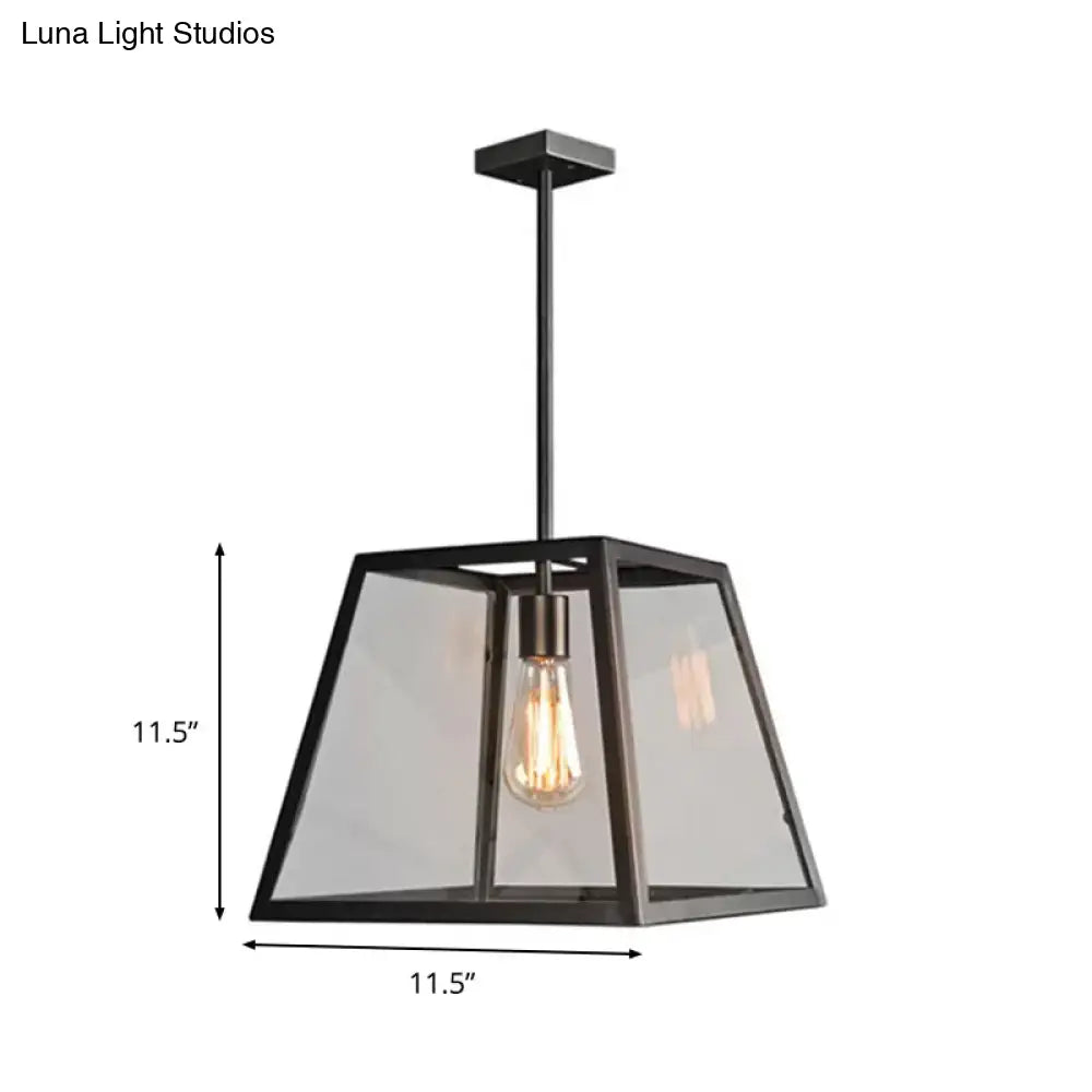 Black Metal And Glass Trapezoid Pendant Light - Traditional Dining Table Suspension Lamp