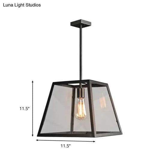 Black Metal And Glass Trapezoid Pendant Light - Traditional Dining Table Suspension Lamp