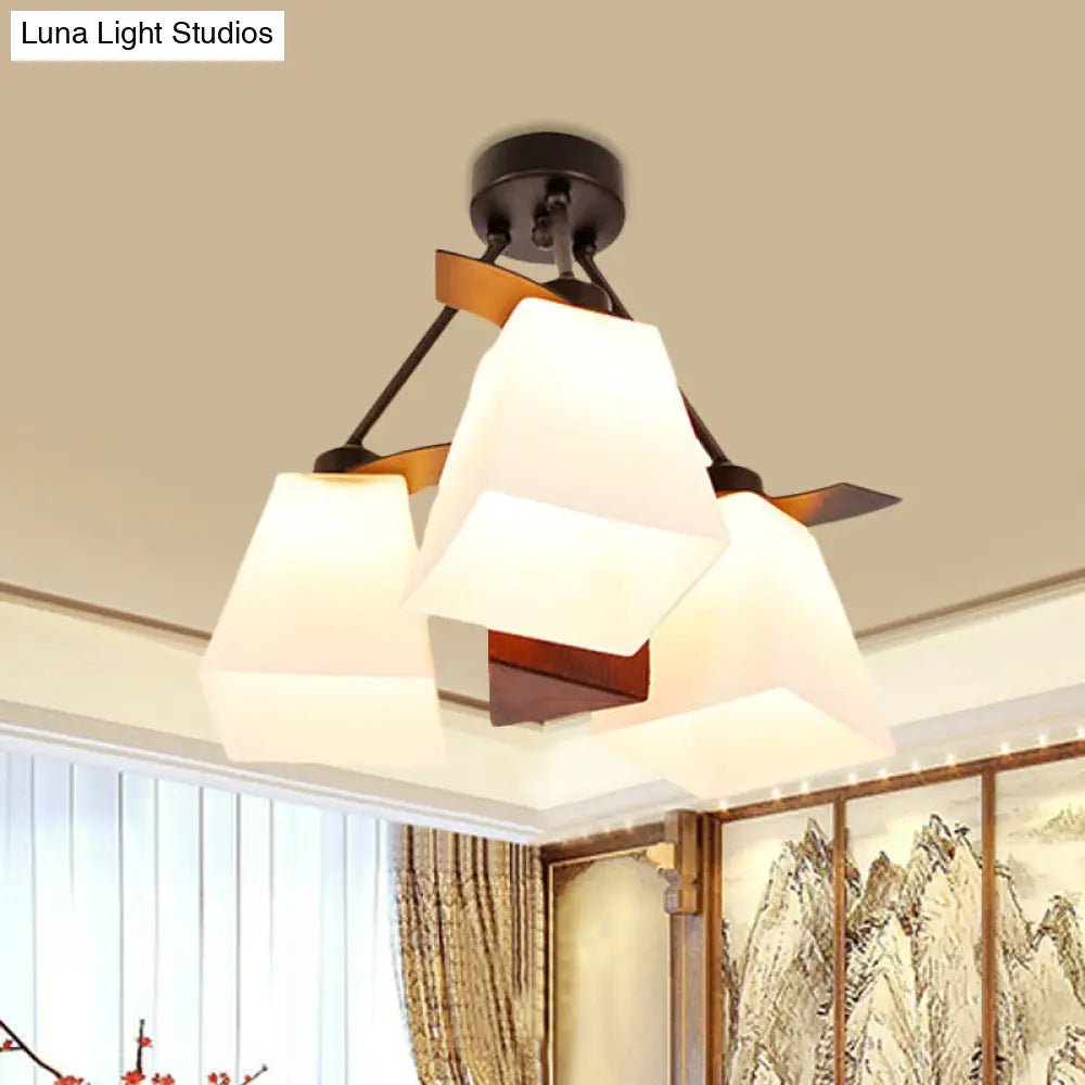 Trapezoid Semi Flush Ceiling Lamp With White Glass And Wood Cylinder Shade - 3/5 Lights / A