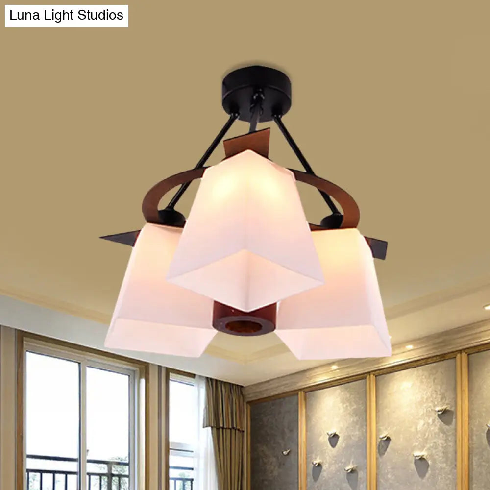 Trapezoid Semi Flush Ceiling Lamp With White Glass And Wood Cylinder Shade - 3/5 Lights / B