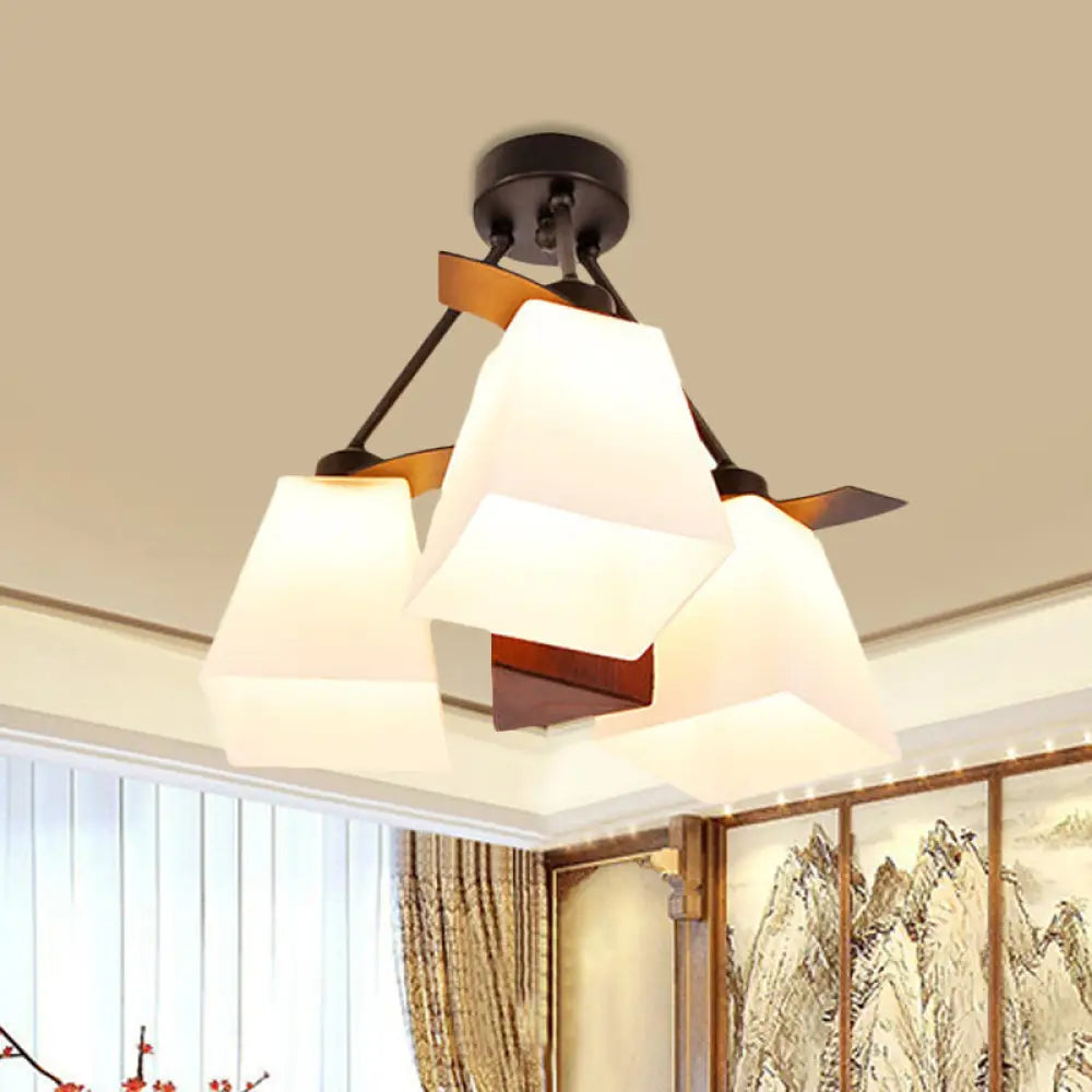 Trapezoid Semi Flush Ceiling Lamp With White Glass And Wood Cylinder Shade - 3/5 Lights / A