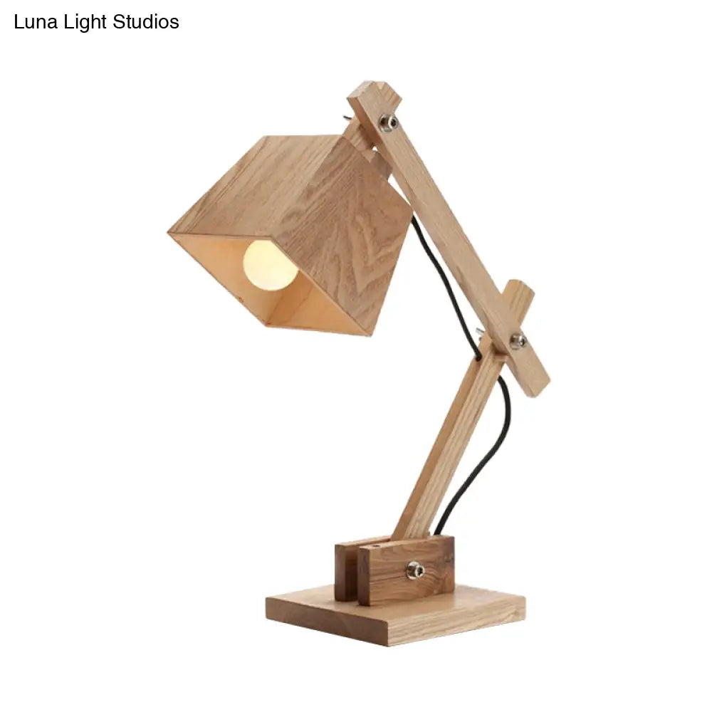 Trapezoid Shade Table Light: Modernist Beige Desk Lamp With Adjustable Arm & Wood Base