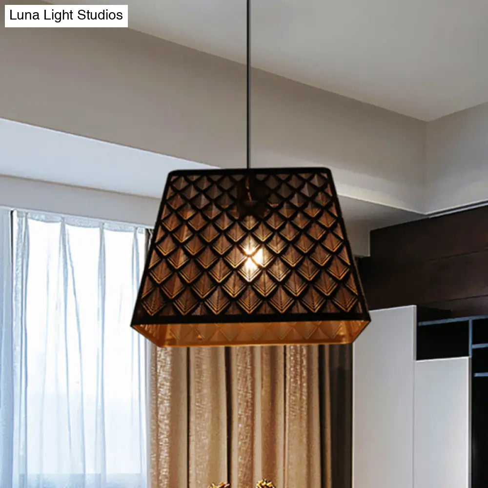 Trapezoidal Trellis Pendant: Industrial Black Iron Ceiling Lamp