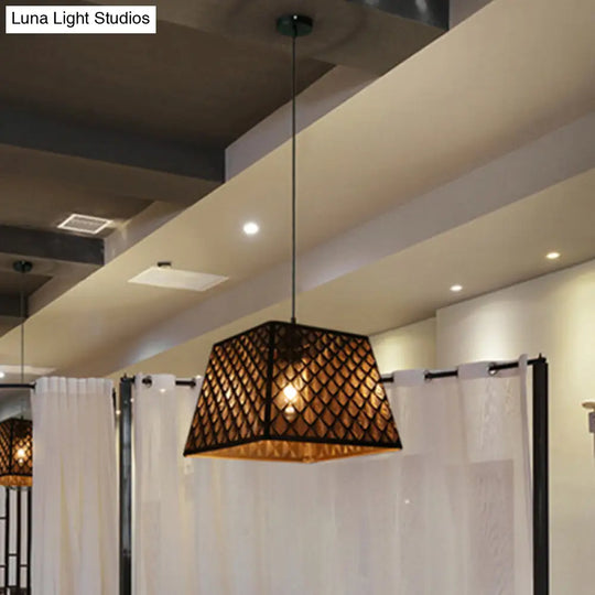 Trapezoidal Trellis Pendant: Industrial Black Iron Ceiling Lamp