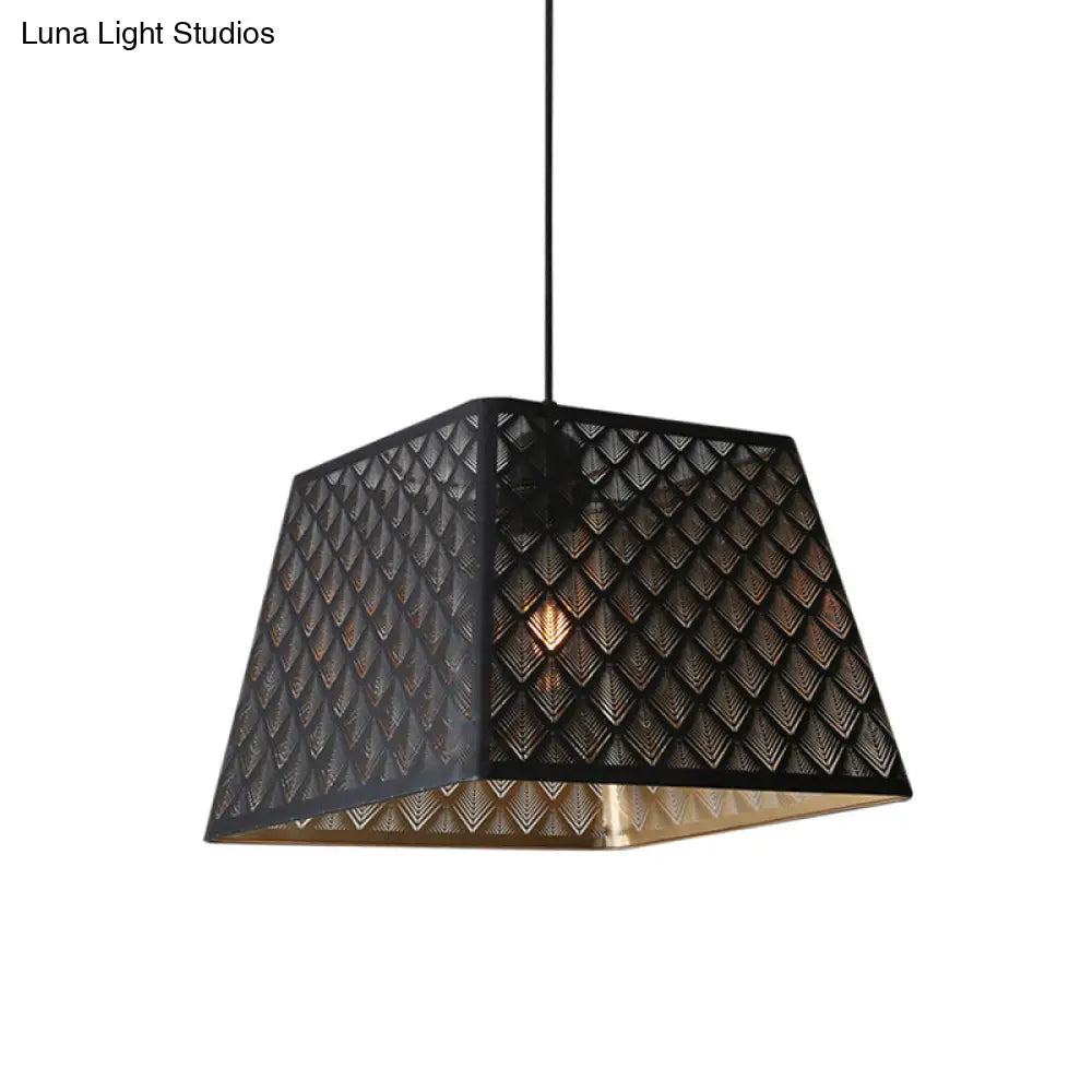 Trapezoidal Trellis Pendant: Industrial Black Iron Ceiling Lamp