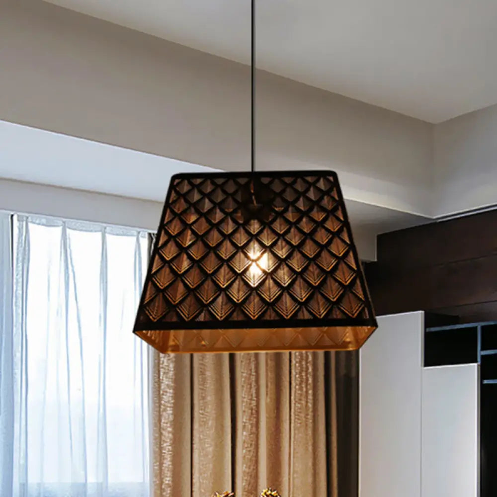 Trapezoidal Trellis Pendant: Industrial Black Iron Ceiling Lamp