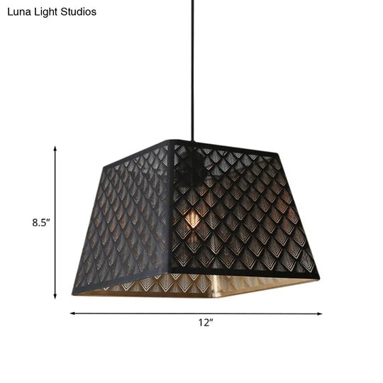 Trapezoidal Trellis Pendant: Industrial Black Iron Ceiling Lamp