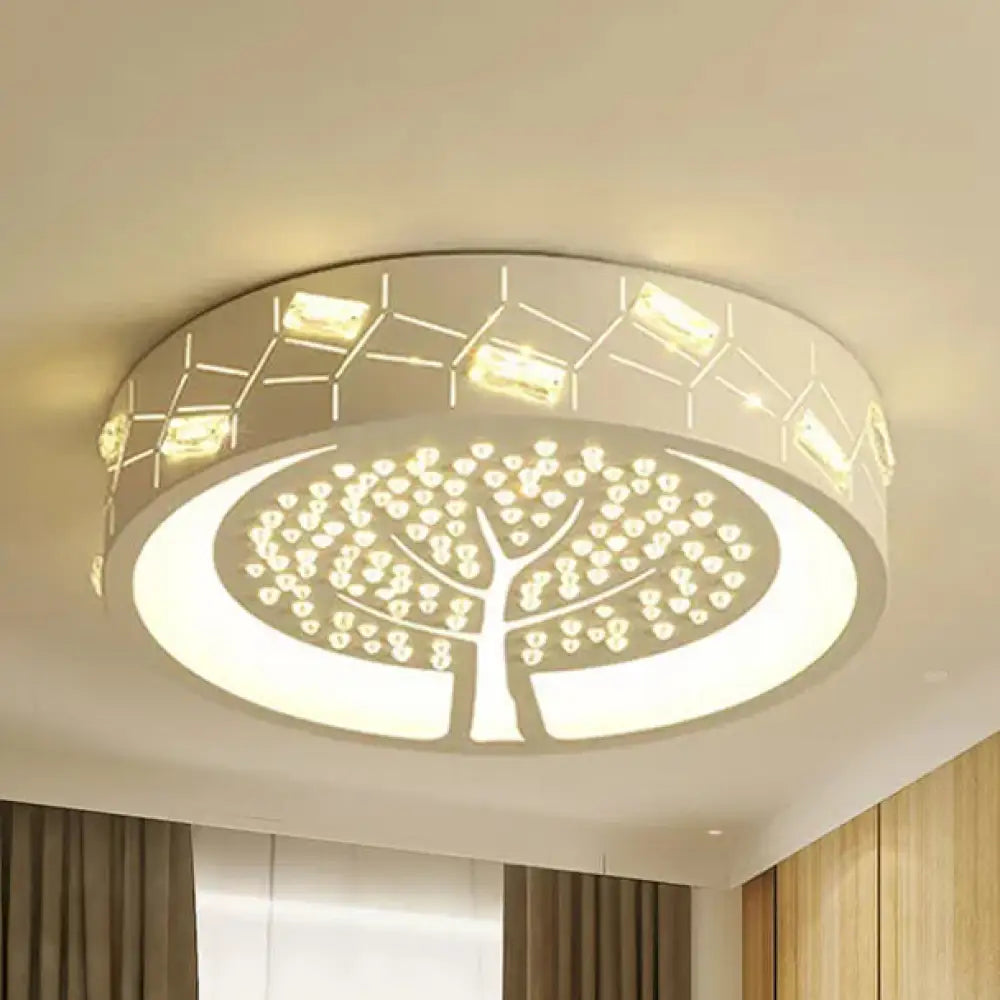 Tree-Etched Led Flush Ceiling Lamp For Hotel And Shop In White Metal Cartoon Design