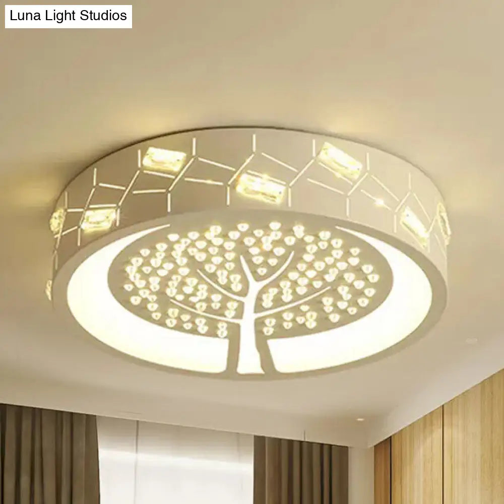Tree-Etched Led Flush Ceiling Lamp For Hotel And Shop In White Metal Cartoon Design