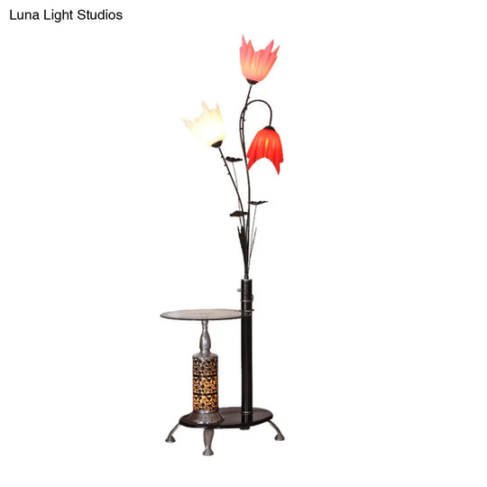 Tree-Shaped Countryside Metallic Floor Lamp: 3-Light Standing Black With Floral Crystal Shade