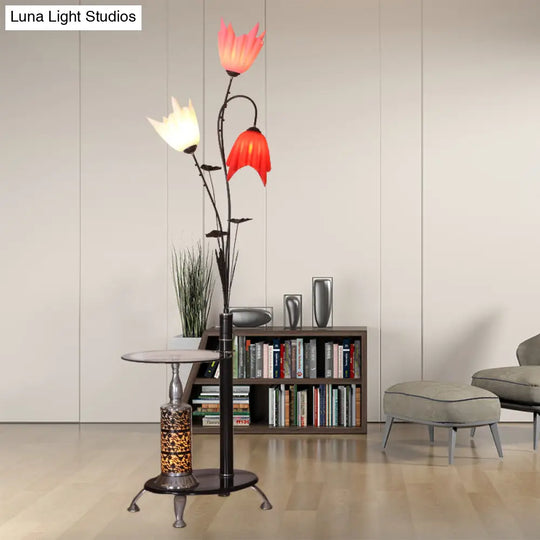 Tree-Shaped Countryside Metallic Floor Lamp: 3-Light Standing Black With Floral Crystal Shade