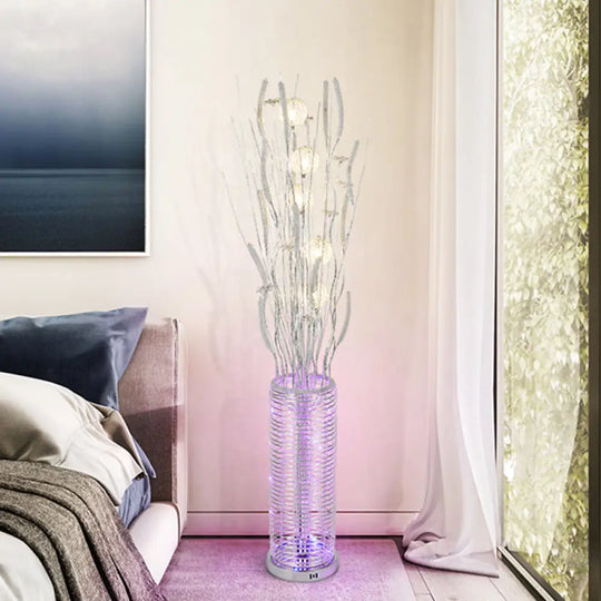 Tree-Shaped Stand-Up Lamp With Led Aluminum Reading Floor Lighting And Flower Decor Silver Finish