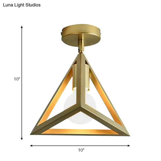 Triangle Brass Semi - Flush Bedroom Ceiling Lamp With Industrial Wire Frame