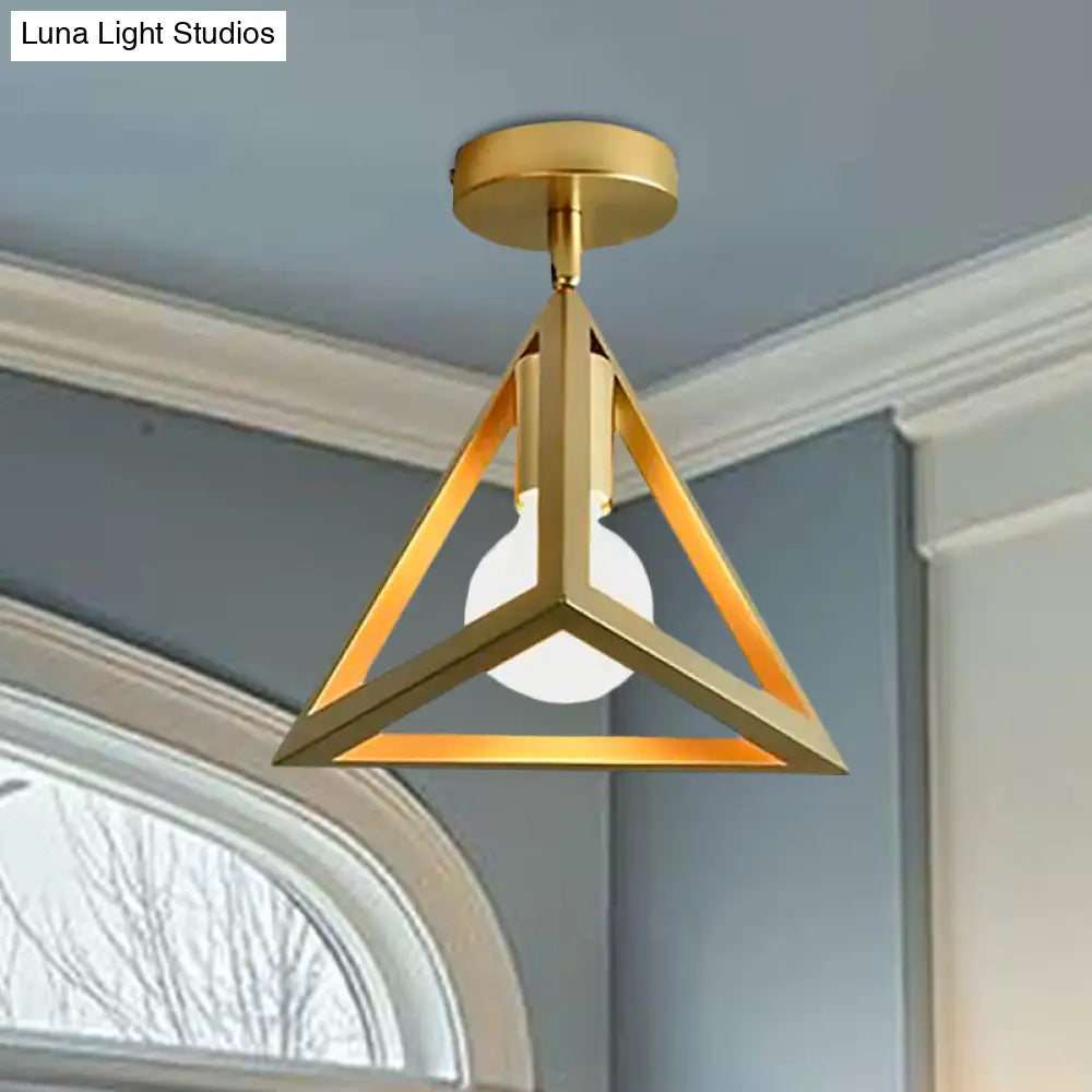 Triangle Brass Semi-Flush Bedroom Ceiling Lamp With Industrial Wire Frame