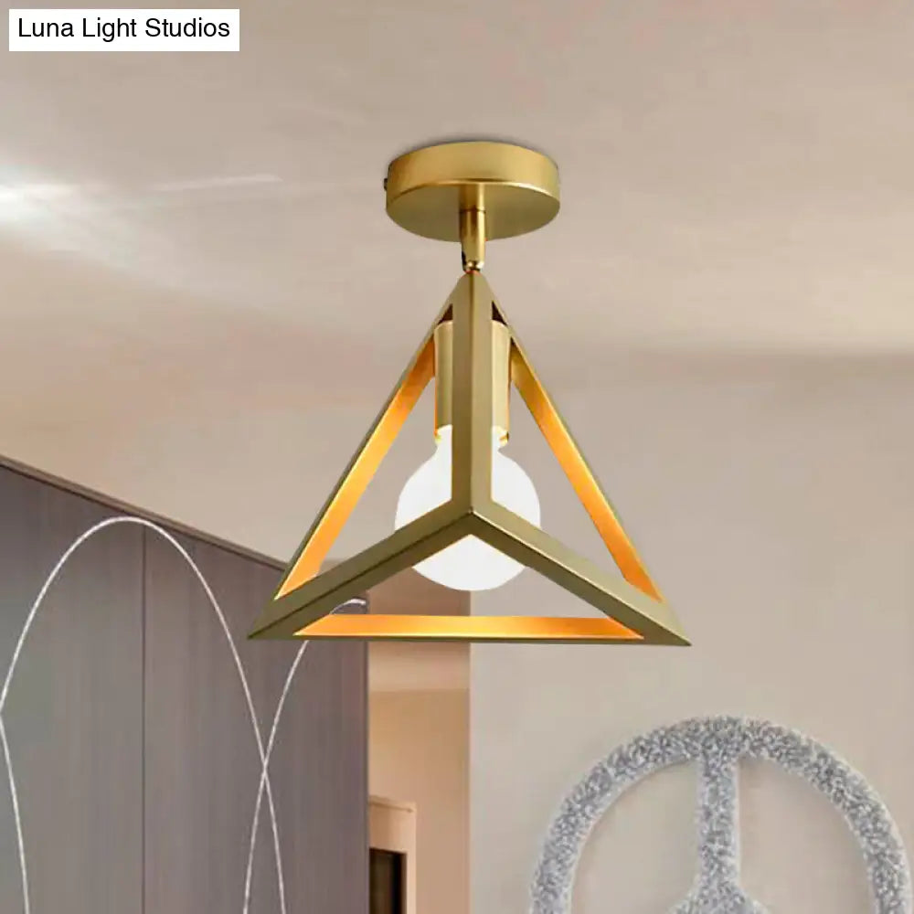 Triangle Brass Semi-Flush Bedroom Ceiling Lamp With Industrial Wire Frame