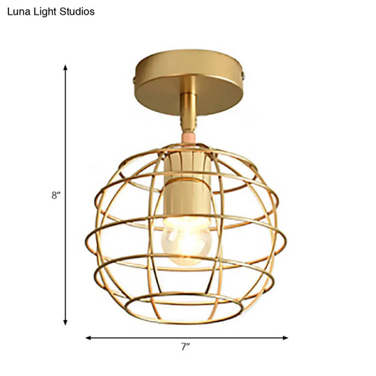 Triangle Brass Semi-Flush Bedroom Ceiling Lamp With Industrial Wire Frame