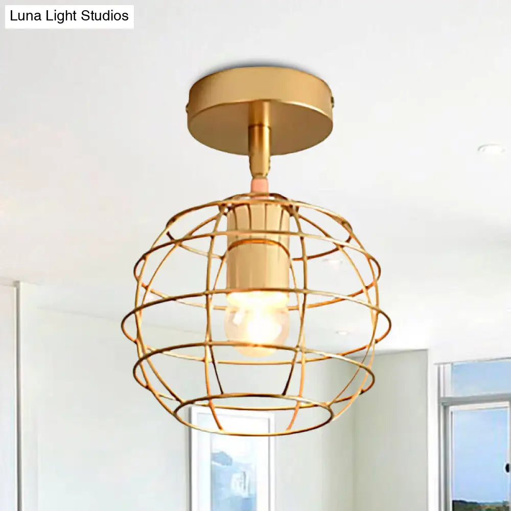 Triangle Brass Semi-Flush Bedroom Ceiling Lamp With Industrial Wire Frame