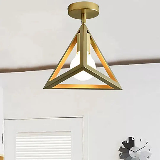 Triangle Brass Semi - Flush Bedroom Ceiling Lamp With Industrial Wire Frame /