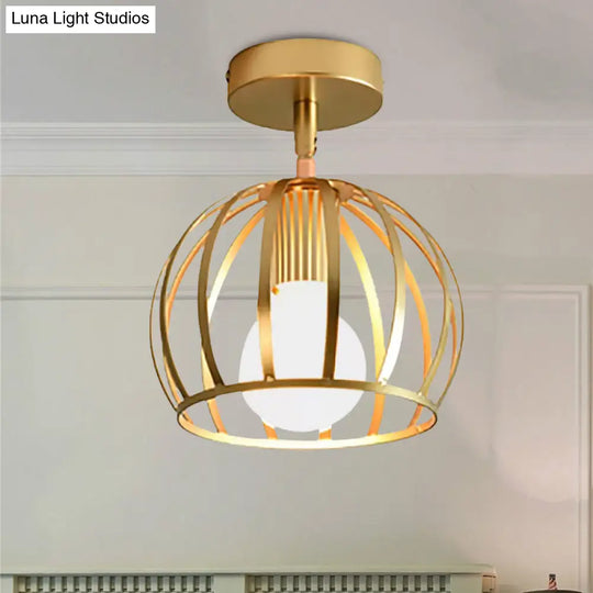 Triangle Brass Semi - Flush Bedroom Ceiling Lamp With Industrial Wire Frame