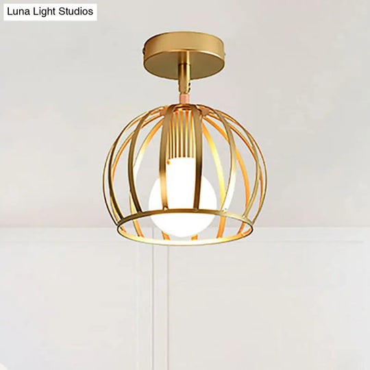 Triangle Brass Semi - Flush Bedroom Ceiling Lamp With Industrial Wire Frame