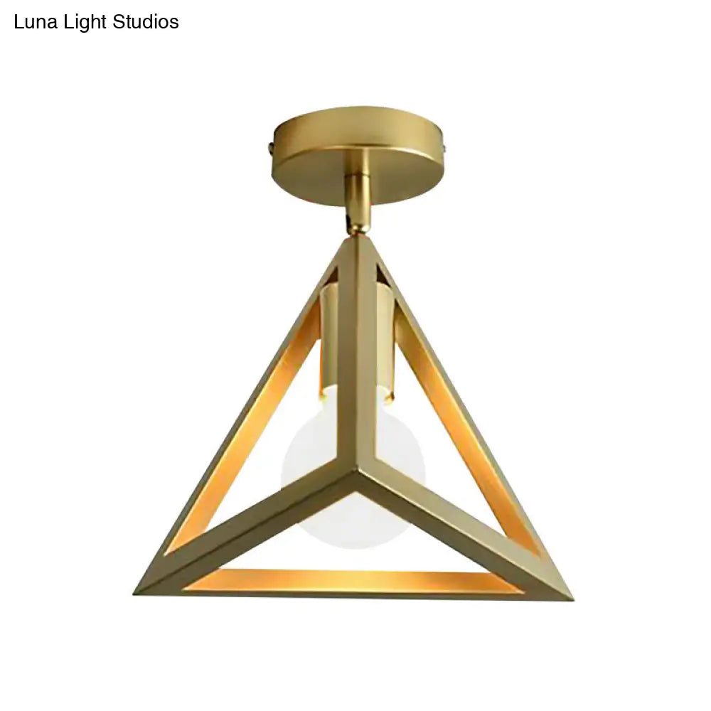 Triangle Brass Semi-Flush Bedroom Ceiling Lamp With Industrial Wire Frame