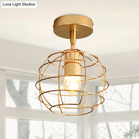 Triangle Brass Semi - Flush Bedroom Ceiling Lamp With Industrial Wire Frame