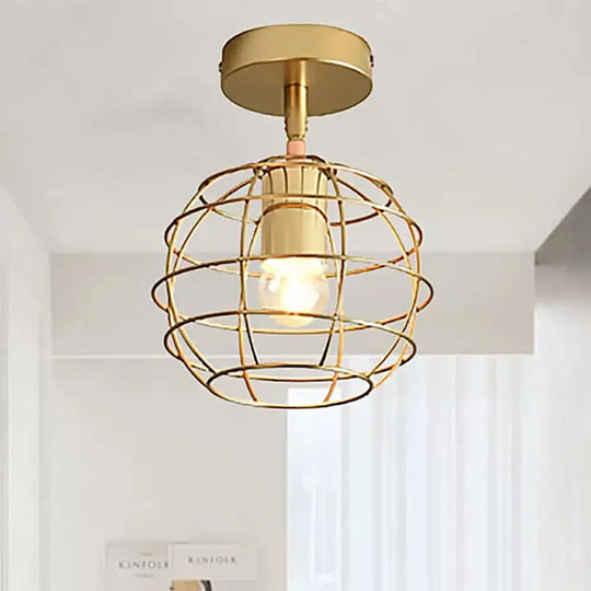 Triangle Brass Semi - Flush Bedroom Ceiling Lamp With Industrial Wire Frame / Globe