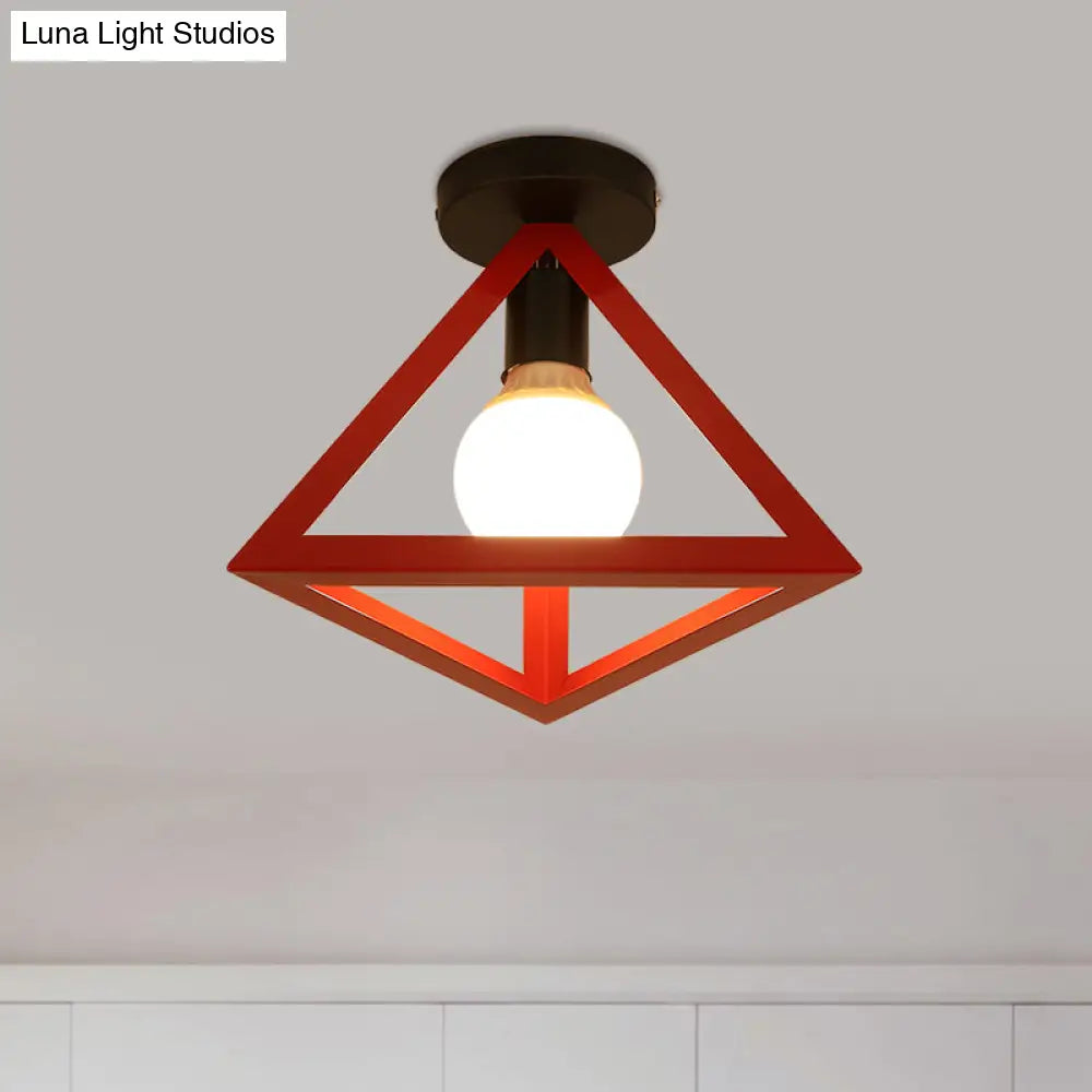 Triangle Ceiling Fixture With Cage Shade Loft-Style 1-Bulb Metal Semi-Flush Mount Light Black/Red