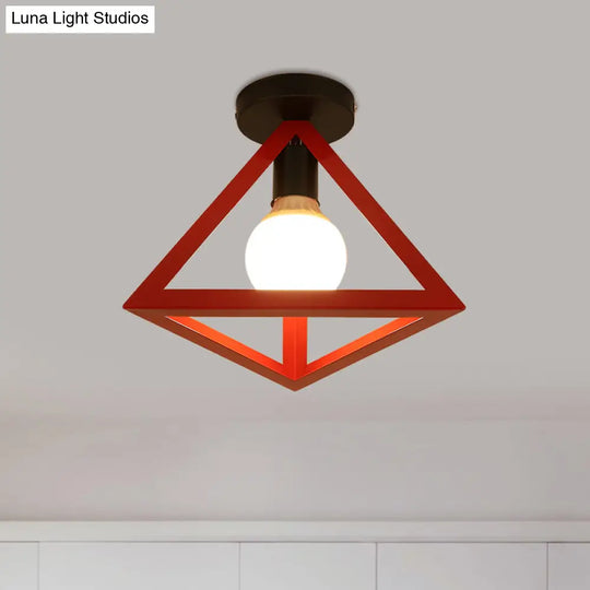 Triangle Ceiling Fixture With Cage Shade Loft-Style 1-Bulb Metal Semi-Flush Mount Light Black/Red