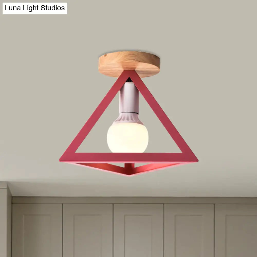 Triangle Ceiling Fixture With Cage Shade Loft-Style 1-Bulb Metal Semi-Flush Mount Light Black/Red