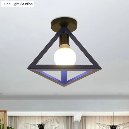 Triangle Ceiling Fixture With Cage Shade Loft-Style 1-Bulb Metal Semi-Flush Mount Light Black/Red