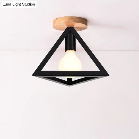 Triangle Ceiling Fixture With Cage Shade Loft-Style 1-Bulb Metal Semi-Flush Mount Light Black/Red