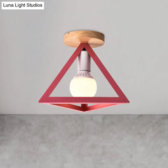 Triangle Ceiling Fixture With Cage Shade Loft-Style 1-Bulb Metal Semi-Flush Mount Light Black/Red