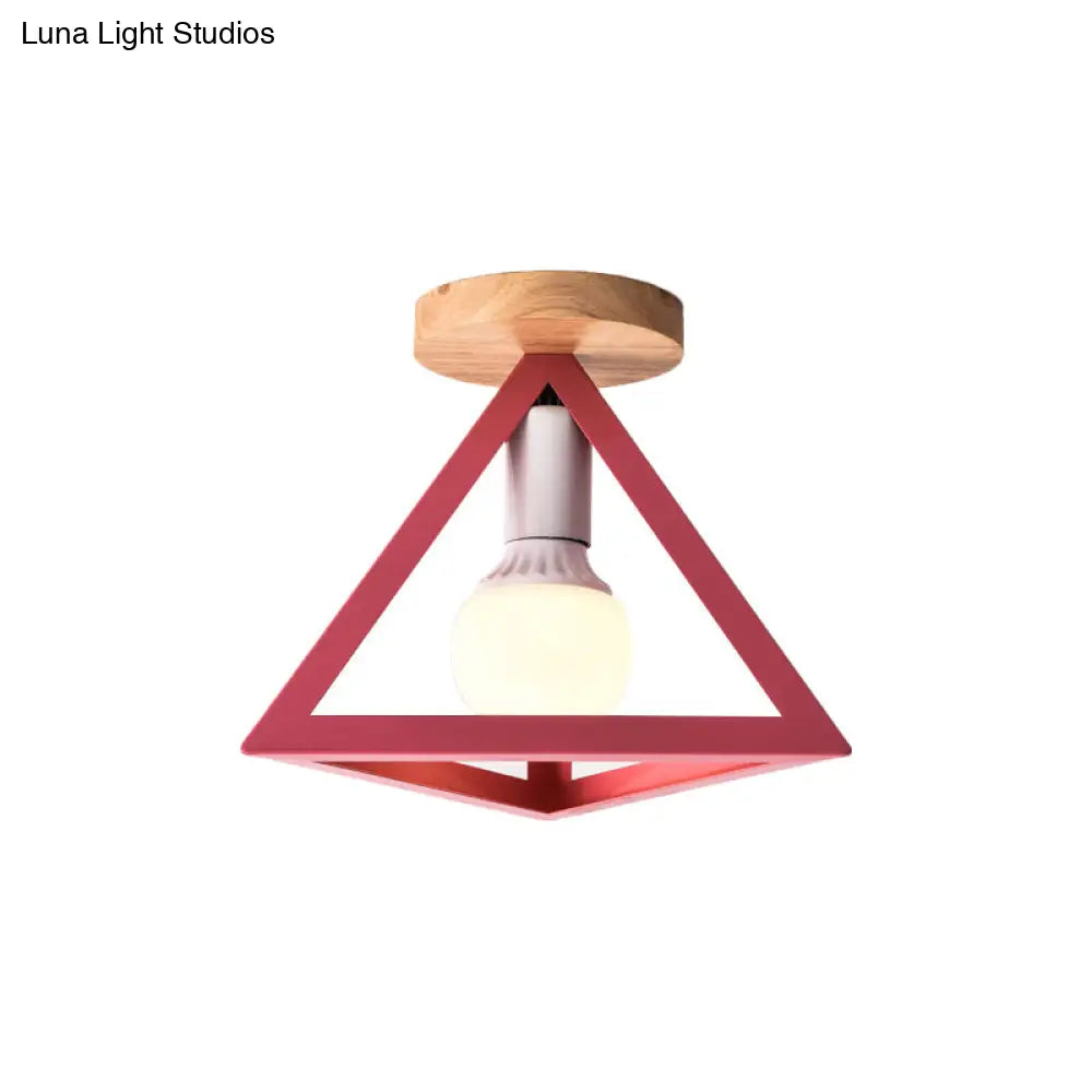 Triangle Ceiling Fixture With Cage Shade Loft-Style 1-Bulb Metal Semi-Flush Mount Light Black/Red