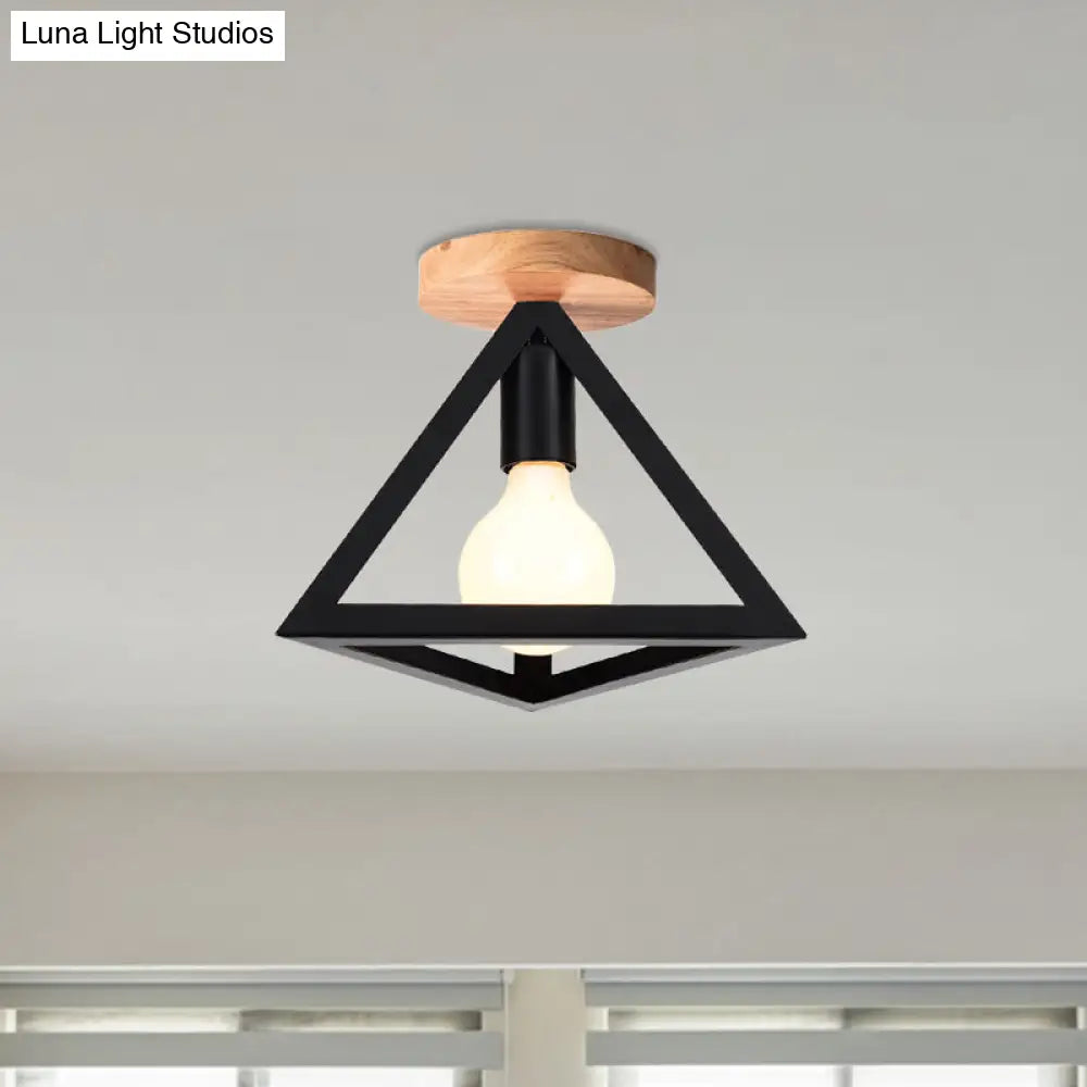 Triangle Ceiling Fixture With Cage Shade Loft-Style 1-Bulb Metal Semi-Flush Mount Light Black/Red