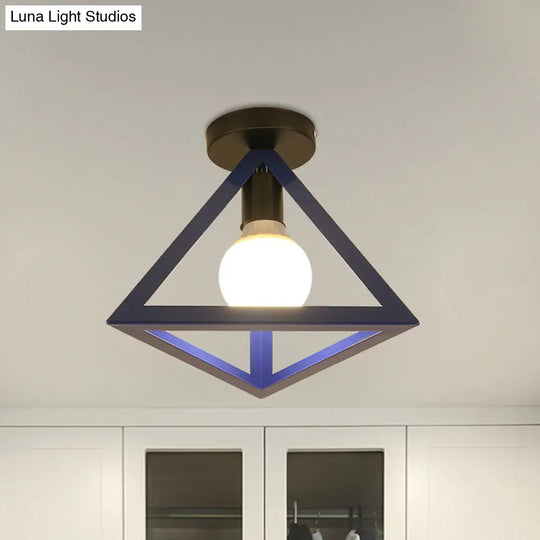 Triangle Ceiling Fixture With Cage Shade Loft-Style 1-Bulb Metal Semi-Flush Mount Light Black/Red