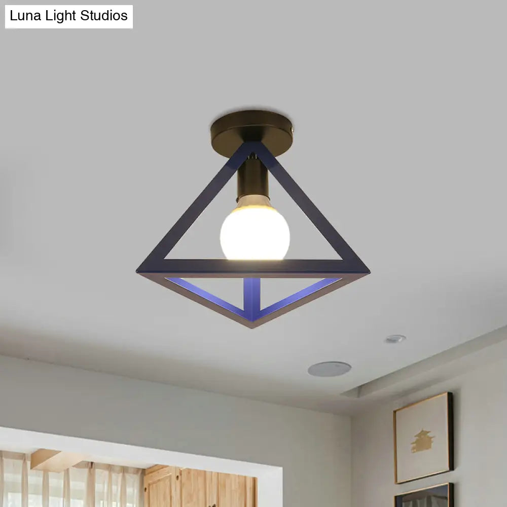 Triangle Ceiling Fixture With Cage Shade Loft-Style 1-Bulb Metal Semi-Flush Mount Light Black/Red