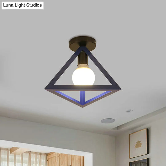 Triangle Ceiling Fixture With Cage Shade Loft-Style 1-Bulb Metal Semi-Flush Mount Light Black/Red