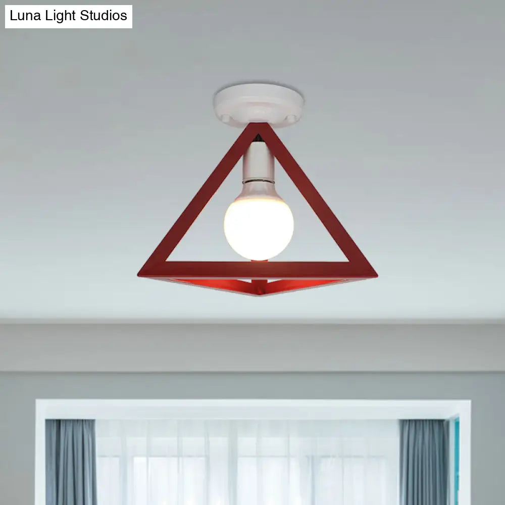 Triangle Ceiling Fixture With Cage Shade Loft-Style 1-Bulb Metal Semi-Flush Mount Light Black/Red