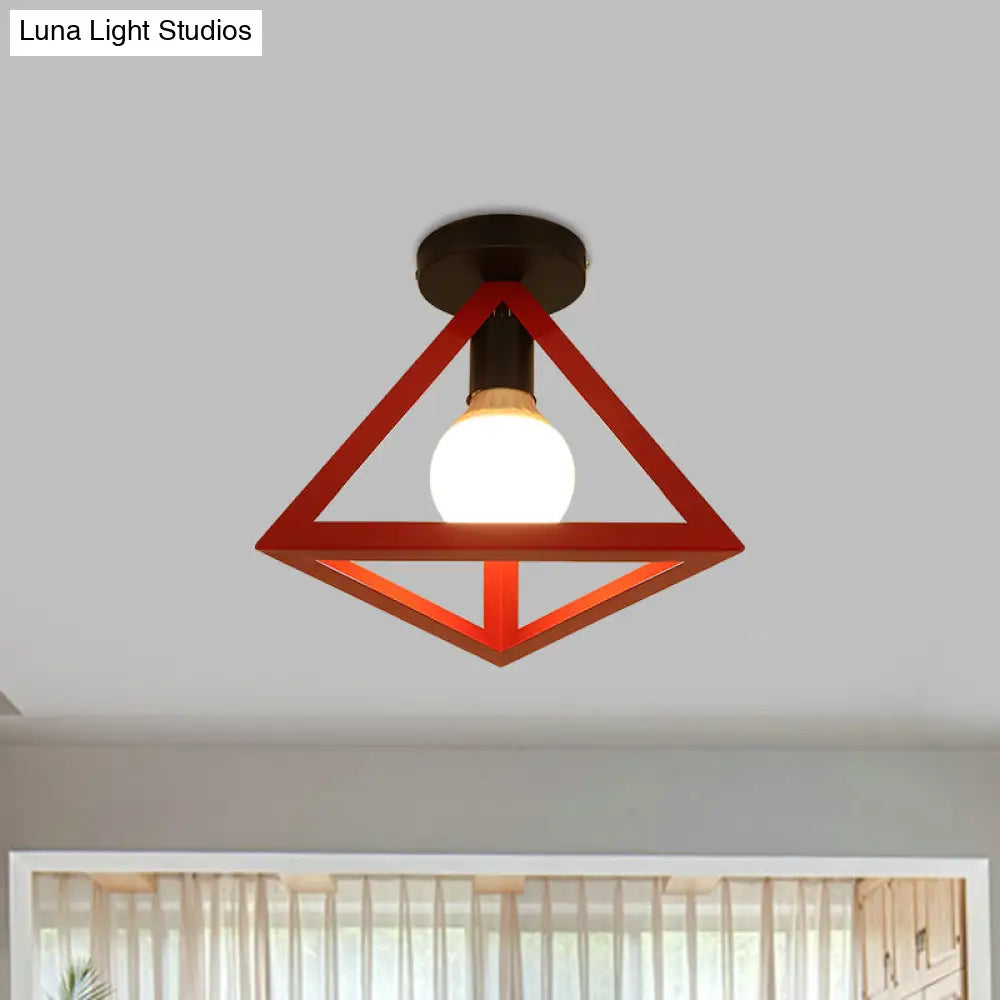 Triangle Ceiling Fixture With Cage Shade Loft-Style 1-Bulb Metal Semi-Flush Mount Light Black/Red