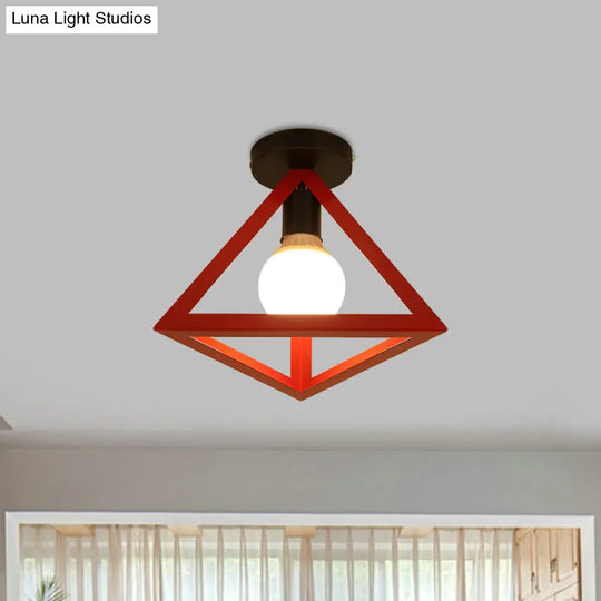 Triangle Ceiling Fixture With Cage Shade Loft-Style 1-Bulb Metal Semi-Flush Mount Light Black/Red