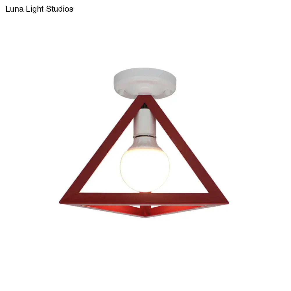 Triangle Ceiling Fixture With Cage Shade Loft-Style 1-Bulb Metal Semi-Flush Mount Light Black/Red